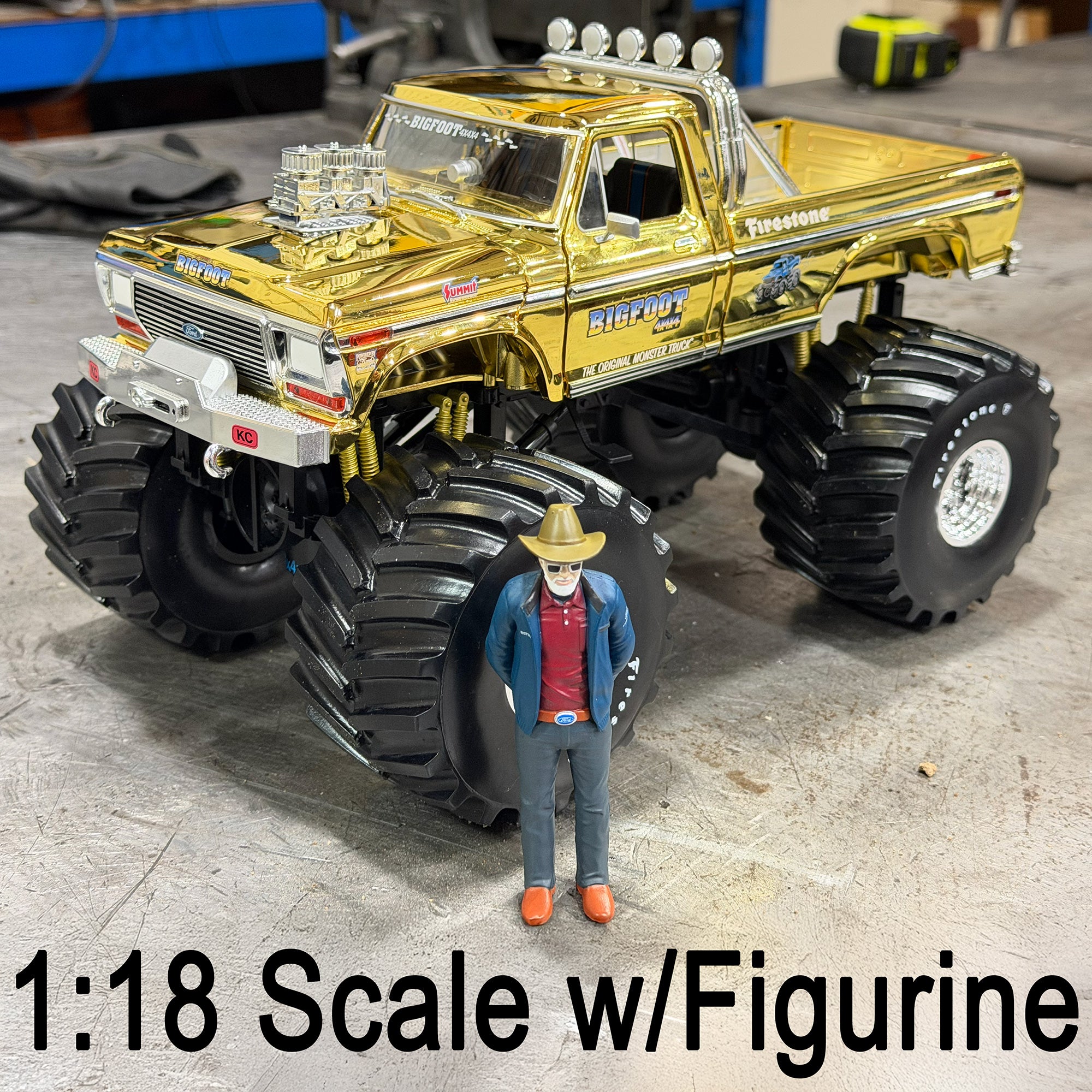 NOT A TOY - Gold Chrome 50th Anniv. 1:18 Greenlight Col. BIGFOOT #1 Die-Cast W/ Figurine